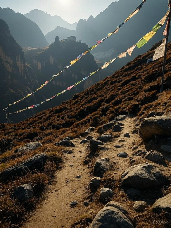 A solo traveler stands on a mountain trail in Bhutan’s Himalayas, surrounded by rugged peaks and prayer flags fluttering in the wind, with a distant monastery nestled against the cliffs.