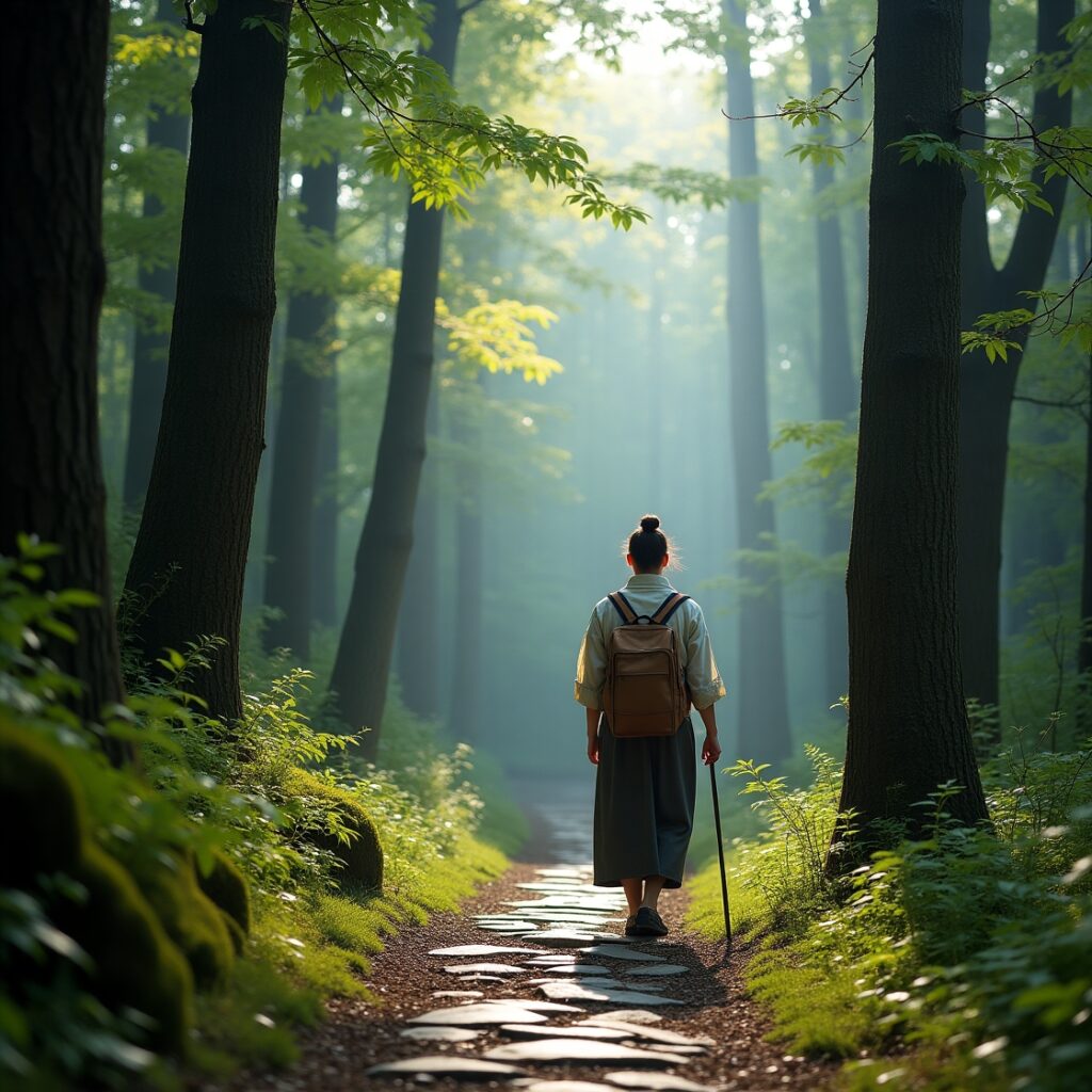 Historic Japanese path winding through nature, evoking Edo period travel on the Nakasendo way